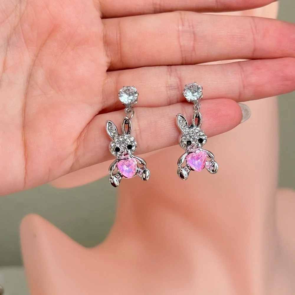 Sparkling Bunny Earrings with Pink Heart